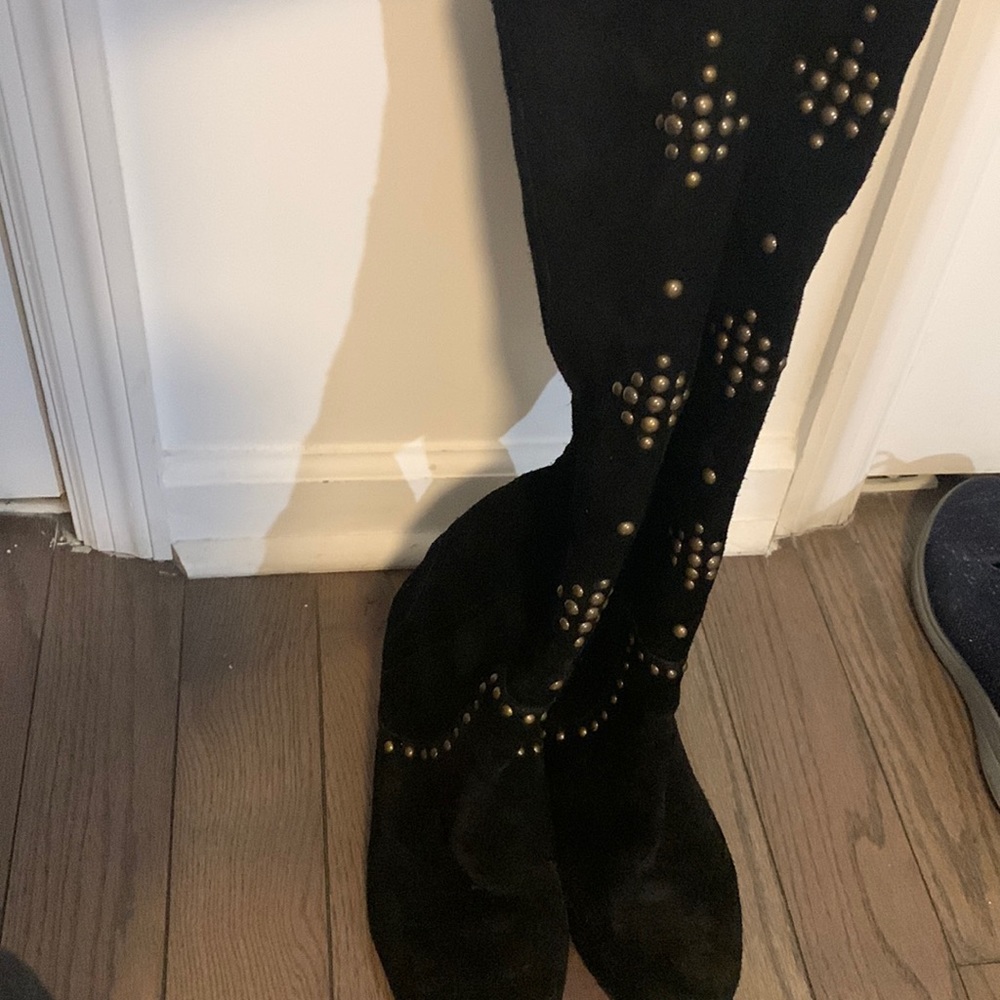 Suede over calf boots with Bead embellishment.